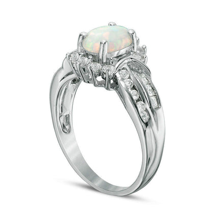 Oval Lab-Created Opal with White Topaz Frame Double Row Ring in Sterling Silver