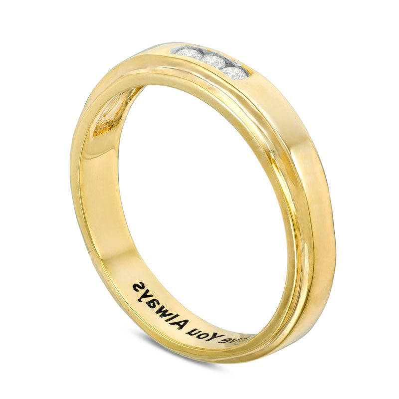 Mens 0.10 CT. T.W. Natural Diamond Three Stone Wedding Band in Solid 10K Yellow Gold (1 Line)