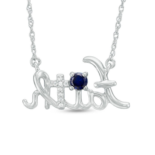 Lab-Created Blue Sapphire and Diamond Accent Cursive faith" Necklace in Sterling Silver"
