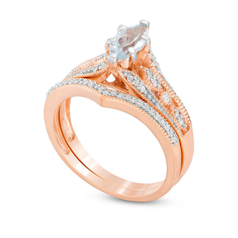 Marquise Aquamarine and 0.20 CT. T.W. Natural Diamond Bridal Engagement Ring Set in Solid 10K Rose Gold