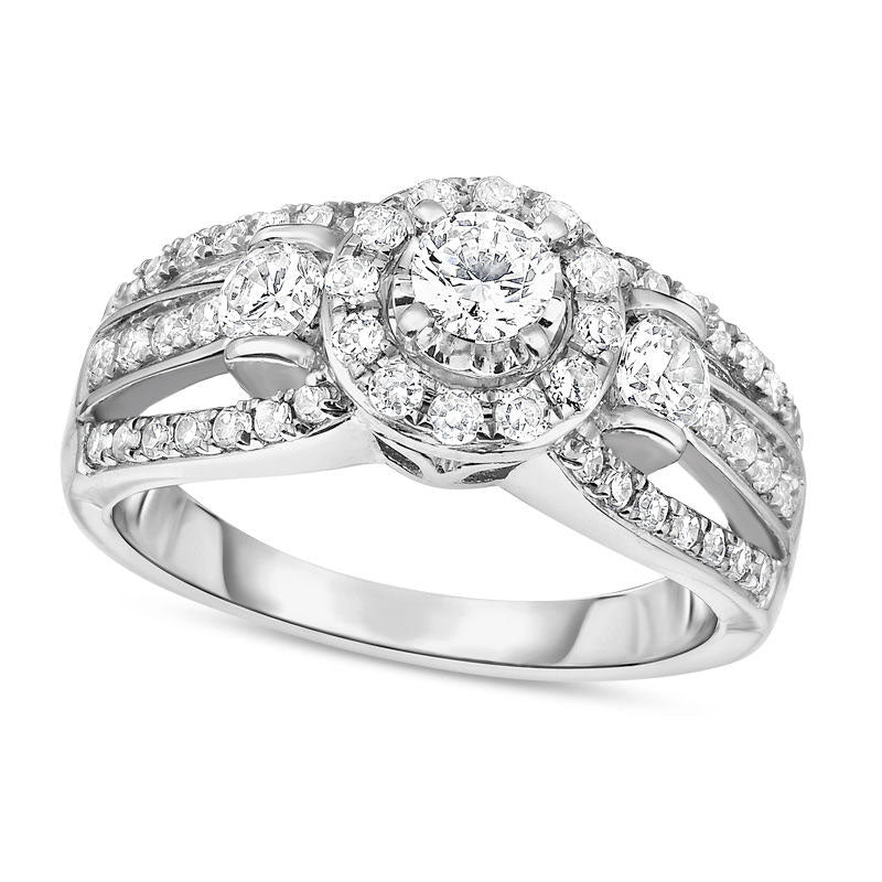 1.0 CT. T.W. Natural Diamond Three Stone Frame Multi-Row Split Shank Engagement Ring in Solid 14K White Gold