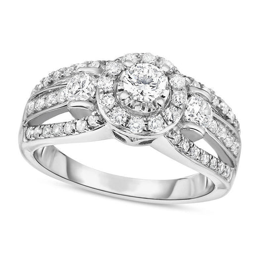 1.0 CT. T.W. Natural Diamond Three Stone Frame Multi-Row Split Shank Engagement Ring in Solid 14K White Gold