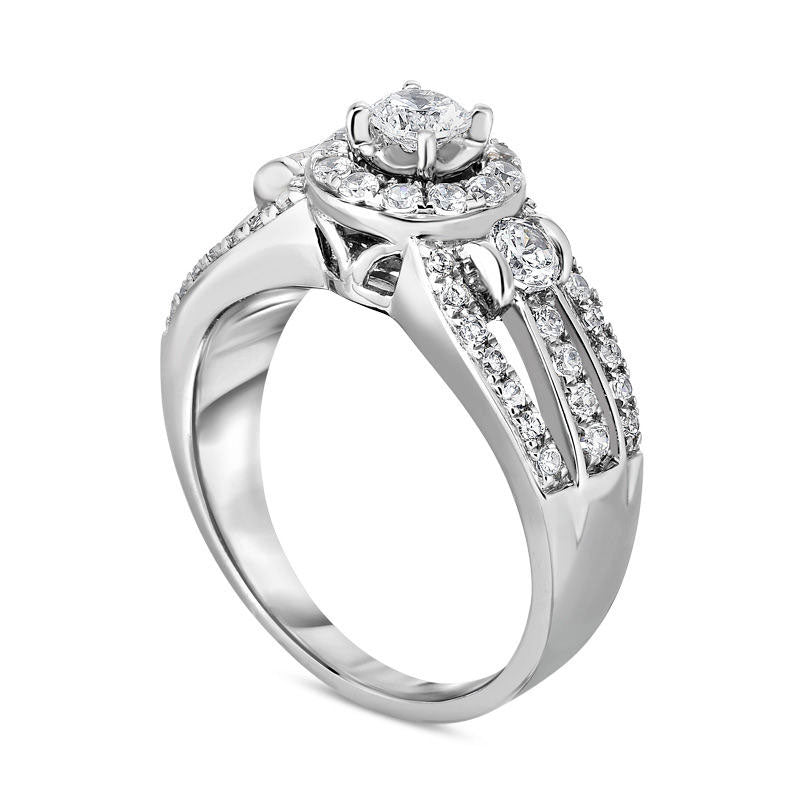 1.0 CT. T.W. Natural Diamond Three Stone Frame Multi-Row Split Shank Engagement Ring in Solid 14K White Gold