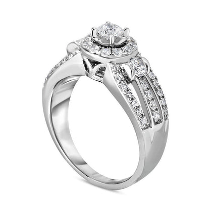 1.0 CT. T.W. Natural Diamond Three Stone Frame Multi-Row Split Shank Engagement Ring in Solid 14K White Gold