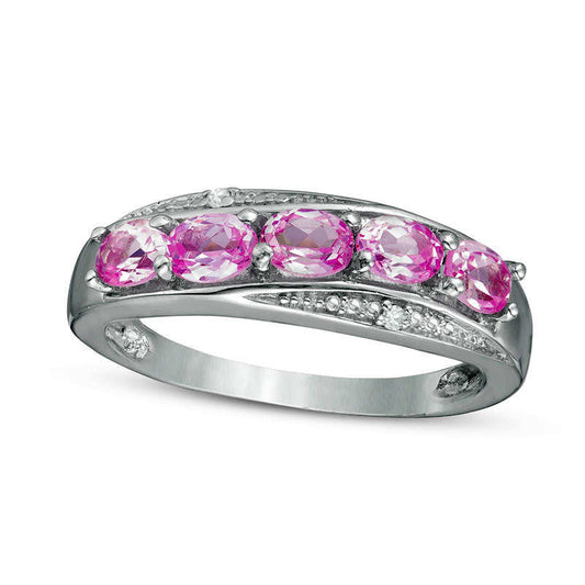 Oval Lab-Created Pink Sapphire and Diamond Accent Five Stone Wave Band in Sterling Silver
