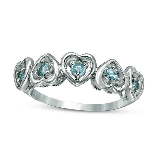 Aquamarine Five Stone Heart Ring in Solid 10K White Gold