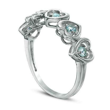 Aquamarine Five Stone Heart Ring in Solid 10K White Gold