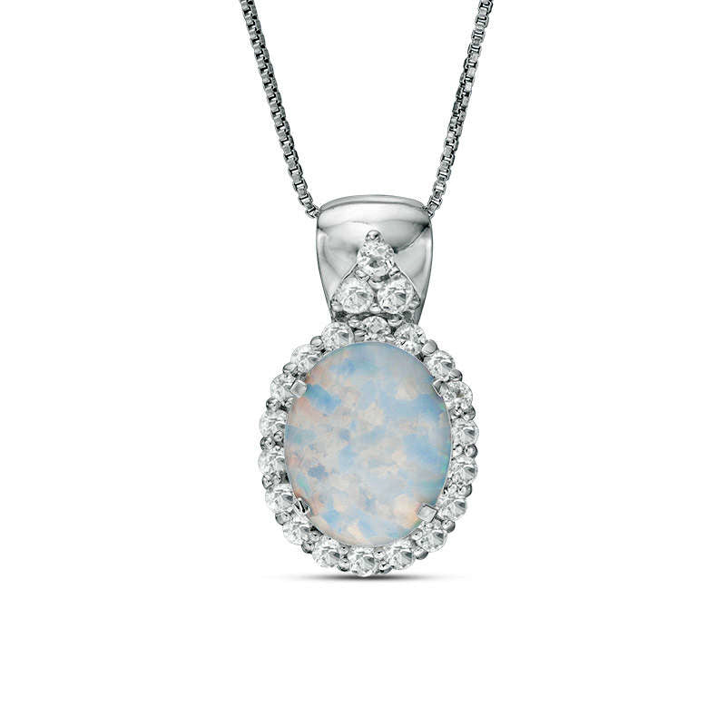 Oval Lab-Created Opal and White Topaz Frame Pendant in Sterling Silver