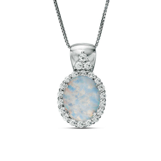 Oval Lab-Created Opal and White Topaz Frame Pendant in Sterling Silver