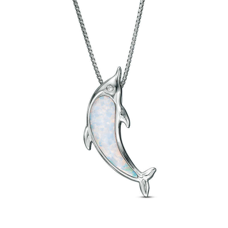 Lab-Created Opal and Diamond Accent Dolphin Pendant in Sterling Silver