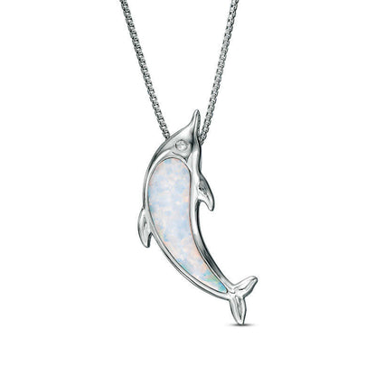 Lab-Created Opal and Diamond Accent Dolphin Pendant in Sterling Silver