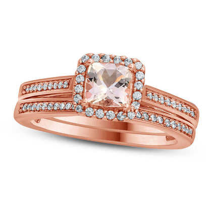 5.0mm Cushion-Cut Morganite and 0.20 CT. T.W. Natural Diamond Frame Bridal Engagement Ring Set in Solid 10K Rose Gold