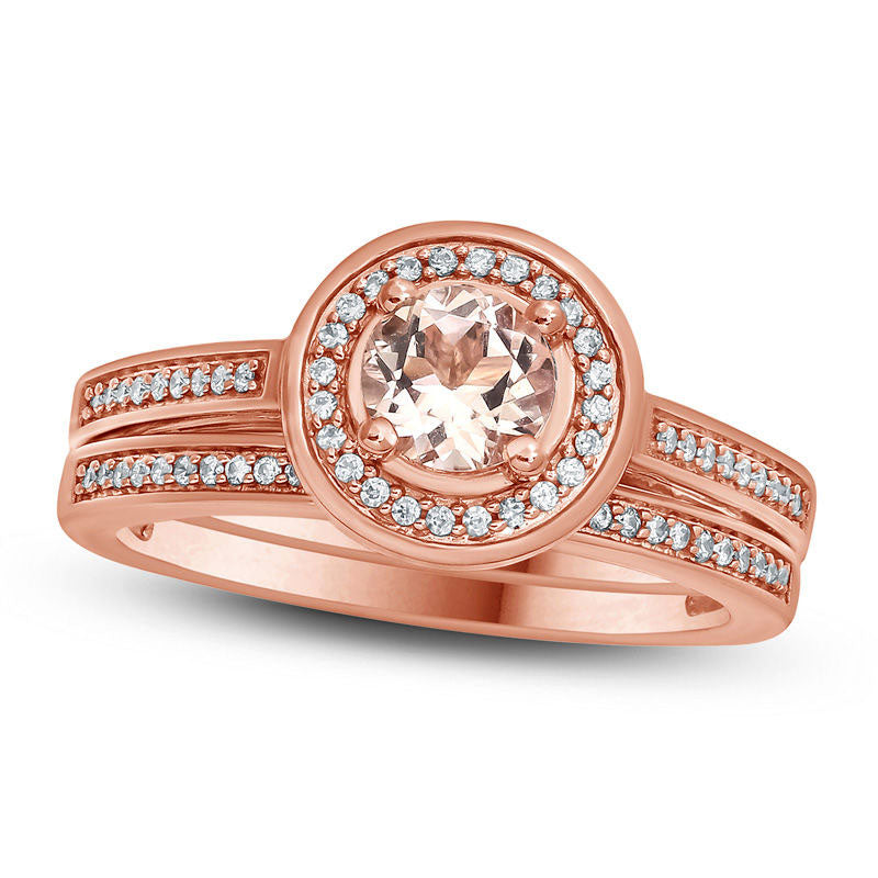 5.0mm Morganite and 0.20 CT. T.W. Natural Diamond Frame Bridal Engagement Ring Set in Solid 10K Rose Gold