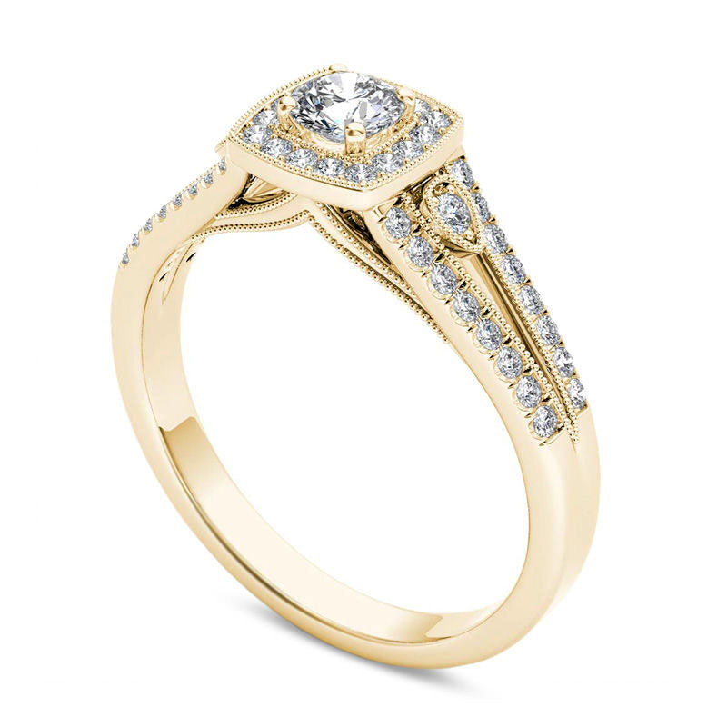 0.50 CT. T.W. Natural Diamond Cushion Frame Split Shank Antique Vintage-Style Engagement Ring in Solid 14K Gold