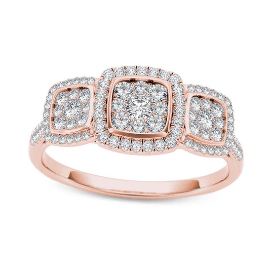 0.50 CT. T.W. Composite Natural Diamond Three Stone Cushion Frame Engagement Ring in Solid 14K Rose Gold