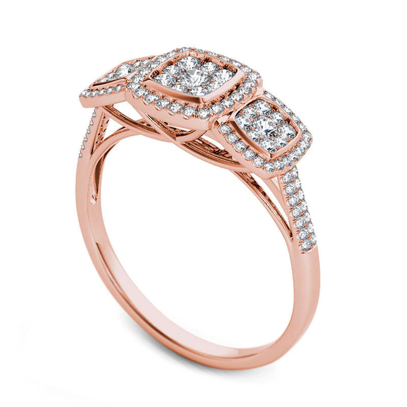 0.50 CT. T.W. Composite Natural Diamond Three Stone Cushion Frame Engagement Ring in Solid 14K Rose Gold