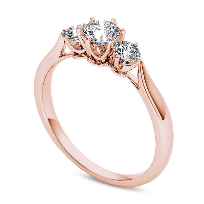 0.88 CT. T.W. Natural Diamond Three Stone Engagement Ring in Solid 14K Rose Gold