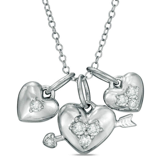 0.33 CT. T.W. Natural Diamond Three Heart Charms Pendant in Sterling Silver