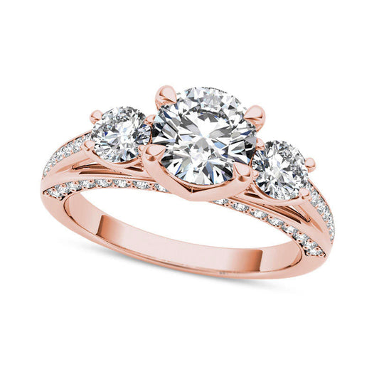 1.75 CT. T.W. Natural Diamond Three Stone Engagement Ring in Solid 14K Rose Gold