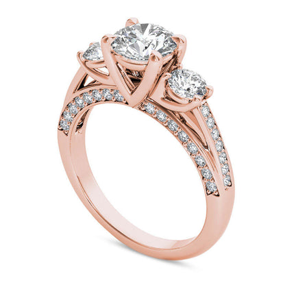 1.75 CT. T.W. Natural Diamond Three Stone Engagement Ring in Solid 14K Rose Gold