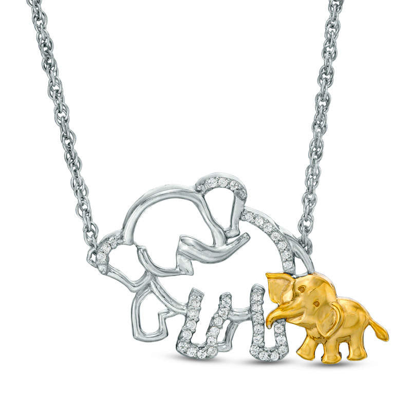 0.1 CT. T.W. Natural Diamond Elephant and Calf Necklace in Sterling Silver and 10K Yellow Gold