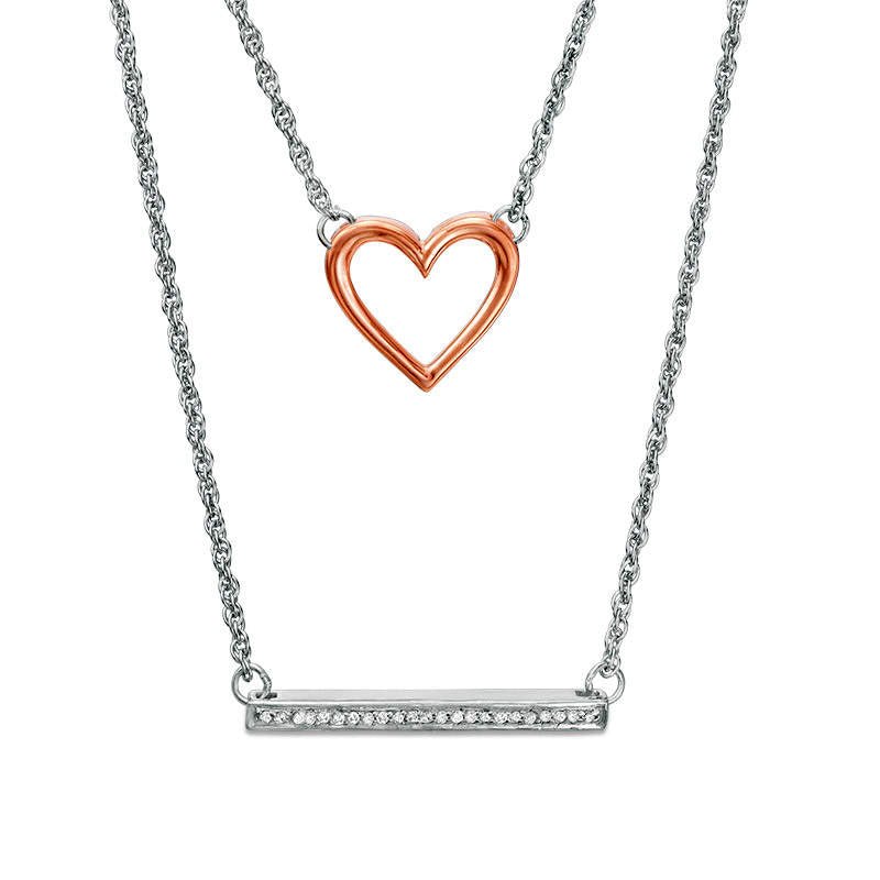 0.07 CT. T.W. Natural Diamond Heart and Bar Double Strand Necklace in Sterling Silver and 10K Rose Gold - 20"