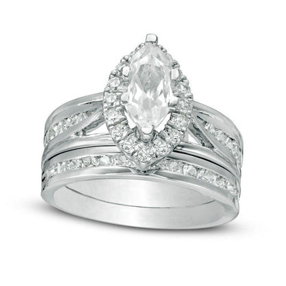Marquise Lab-Created White Sapphire Frame Bridal Engagement Ring Set in Sterling Silver