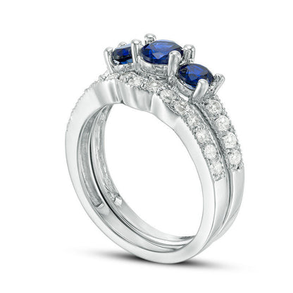 4.5mm Lab-Created Blue and White Sapphire Three Stone Bridal Engagement Ring Set in Sterling Silver