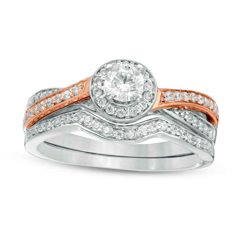 0.50 CT. T.W. Natural Diamond Frame Twist Bridal Engagement Ring Set in Solid 10K Two-Tone Gold