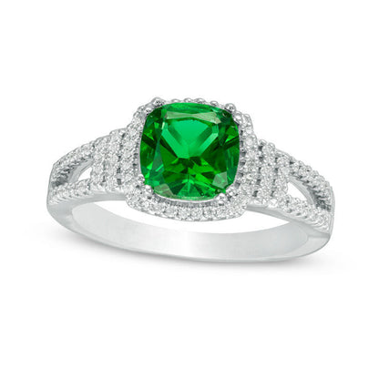 7.0mm Cushion-Cut Lab-Created Emerald and 0.20 CT. T.W. Diamond Collar Engagement Ring in Sterling Silver