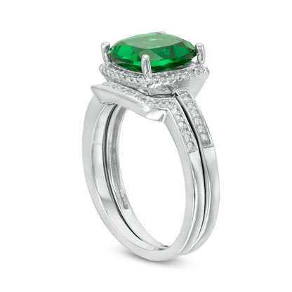 9.0mm Cushion-Cut Lab-Created Emerald and 0.20 CT. T.W. Diamond Frame Bridal Engagement Ring Set in Solid 10K White Gold