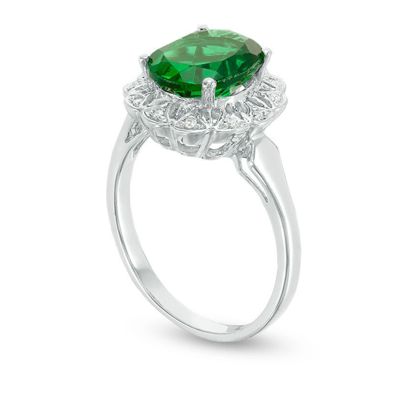 Oval Lab-Created Emerald and 0.05 CT. T.W. Diamond Scallop Frame Engagement Ring in Solid 10K White Gold