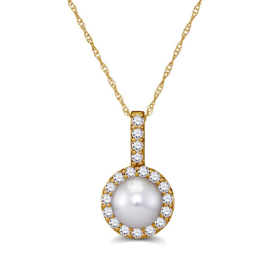 6.5mm Cultured Freshwater Pearl and 0.25 CT. T.W. Natural Diamond Frame Pendant in 10K Yellow Gold