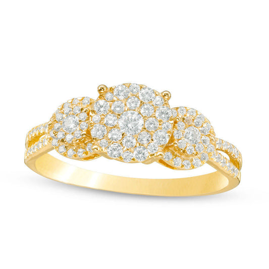 0.50 CT. T.W. Composite Natural Diamond Three Stone Frame Engagement Ring in Solid 10K Yellow Gold