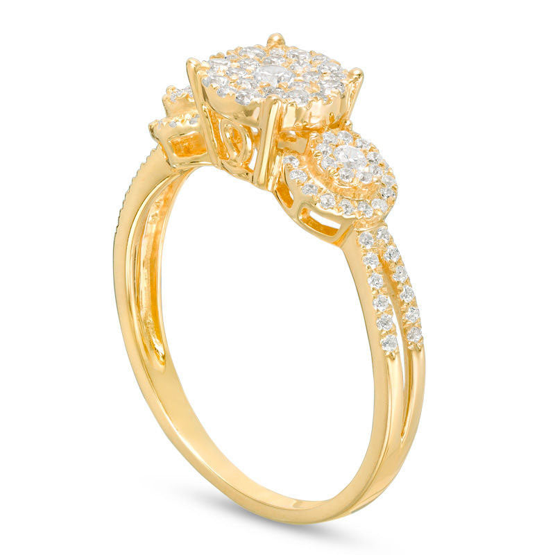 0.50 CT. T.W. Composite Natural Diamond Three Stone Frame Engagement Ring in Solid 10K Yellow Gold