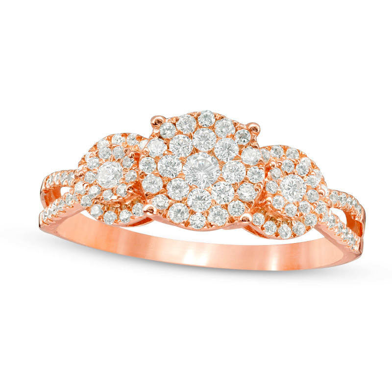 0.50 CT. T.W. Composite Natural Diamond Three Stone Frame Engagement Ring in Solid 10K Rose Gold