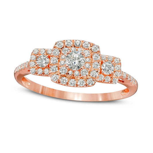 0.50 CT. T.W. Natural Diamond Three Stone Cushion Frame Engagement Ring in Solid 10K Rose Gold