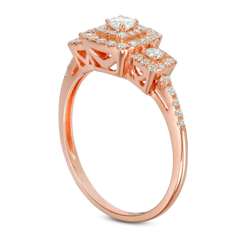 0.50 CT. T.W. Natural Diamond Three Stone Cushion Frame Engagement Ring in Solid 10K Rose Gold