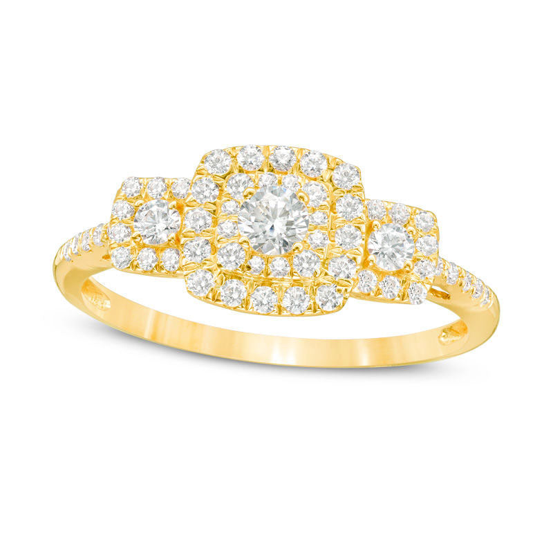 0.50 CT. T.W. Natural Diamond Three Stone Cushion Frame Engagement Ring in Solid 10K Yellow Gold