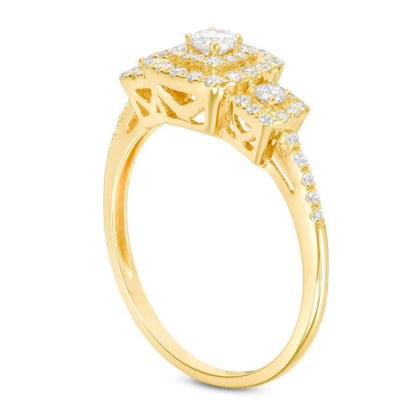 0.50 CT. T.W. Natural Diamond Three Stone Cushion Frame Engagement Ring in Solid 10K Yellow Gold