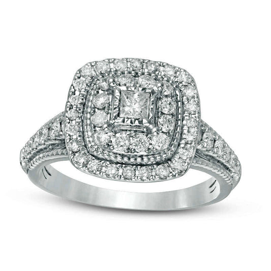 0.75 CT. T.W. Princess-Cut Natural Diamond Double Frame Antique Vintage-Style Engagement Ring in Solid 14K White Gold