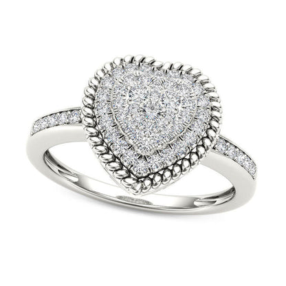 0.25 CT. T.W. Composite Natural Diamond Heart-Shaped Rope Frame Ring in Solid 10K White Gold