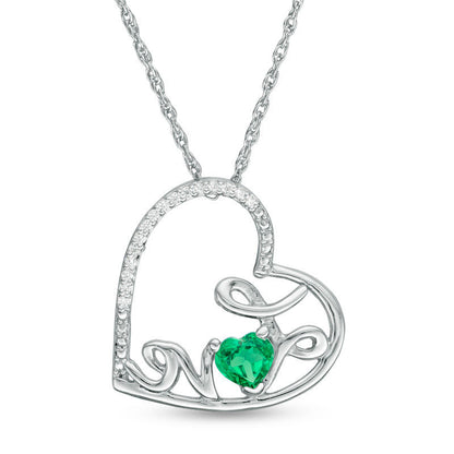 Heart-Shaped Lab-Created Emerald and Diamond Accent Tilted LOVE" Pendant in Sterling Silver"