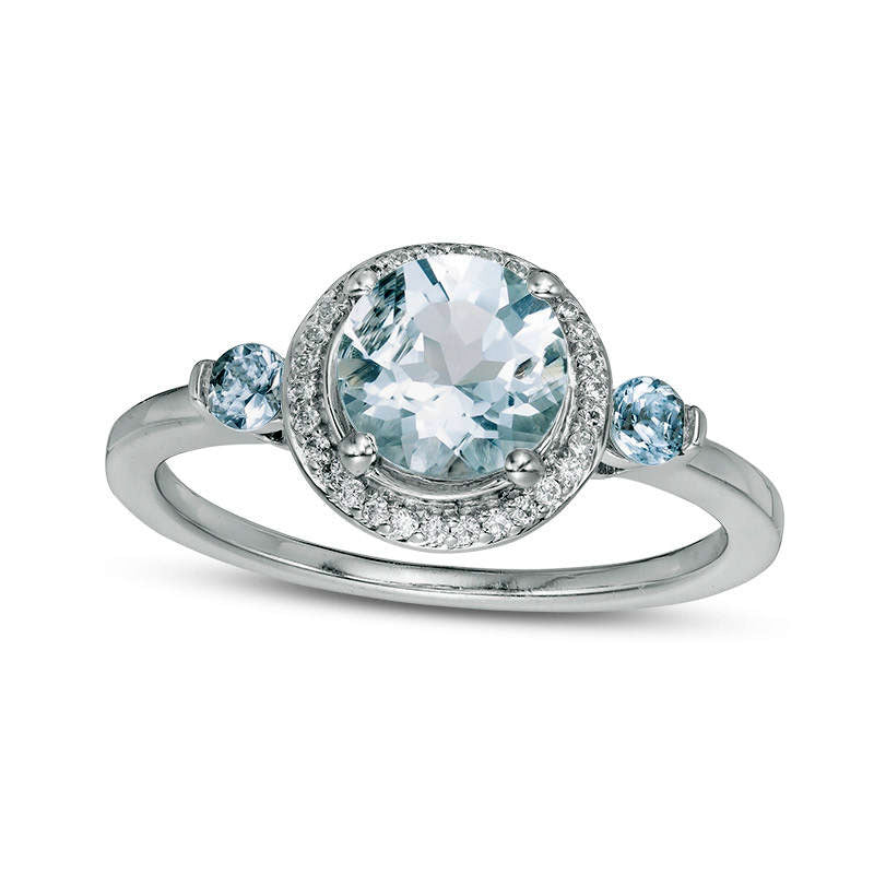 Aquamarine and 0.17 CT. T.W. Natural Diamond Frame Three Stone Ring in Sterling Silver