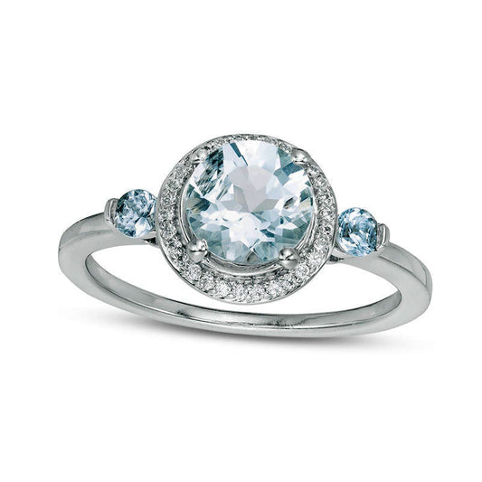 Aquamarine and 0.17 CT. T.W. Natural Diamond Frame Three Stone Ring in Sterling Silver