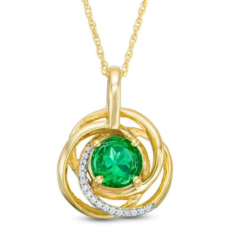 7.0mm Lab-Created Emerald and Diamond Accent Love Knot Pendant in 10K Yellow Gold
