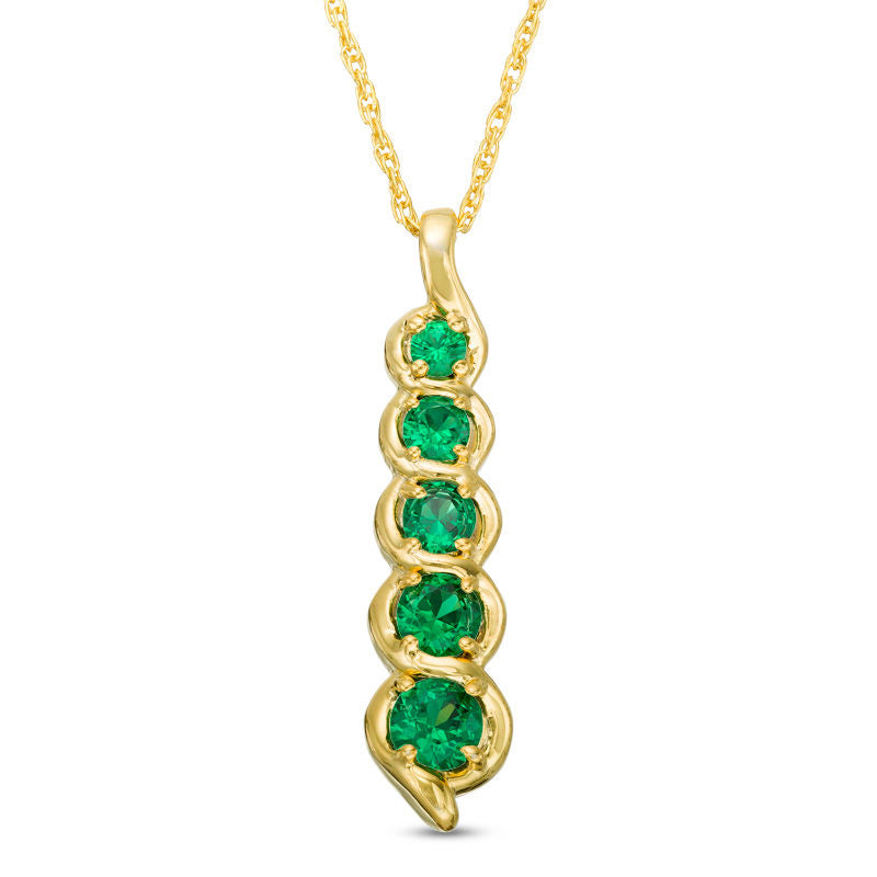 Lab-Created Emerald Cascading Linear Five Stone Pendant in 10K Yellow Gold