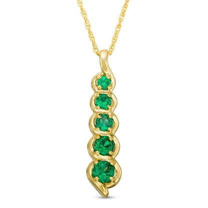Lab-Created Emerald Cascading Linear Five Stone Pendant in 10K Yellow Gold