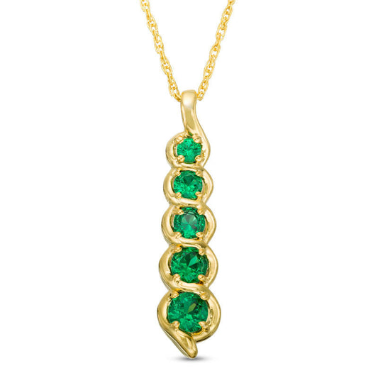 Lab-Created Emerald Cascading Linear Five Stone Pendant in 10K Yellow Gold
