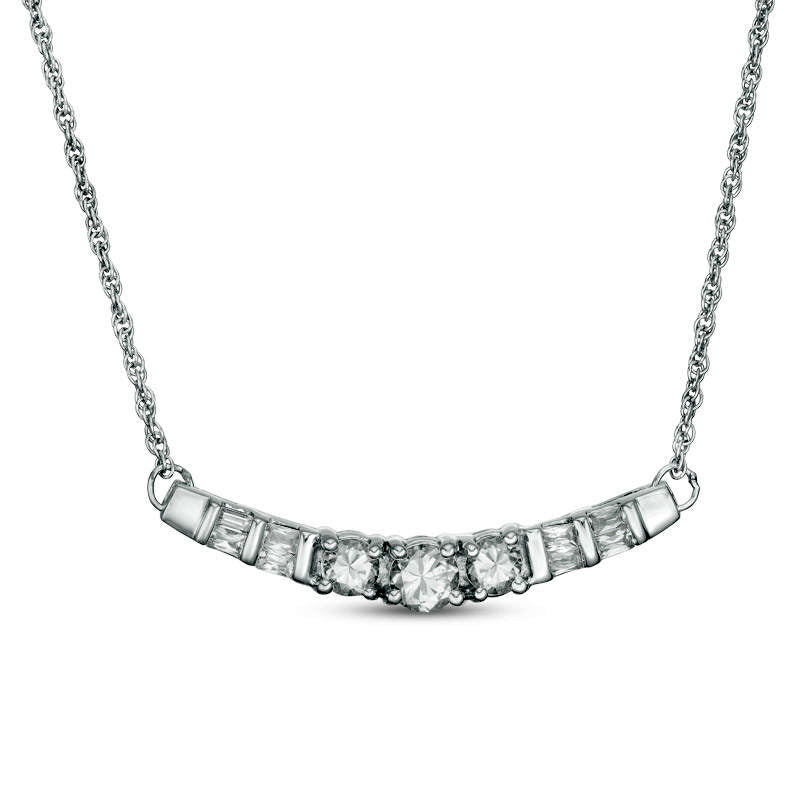 Lab-Created White Sapphire and 0.25 CT. T.W. Baguette Diamond Three Stone Curved Bar Necklace in Sterling Silver - 16.5"